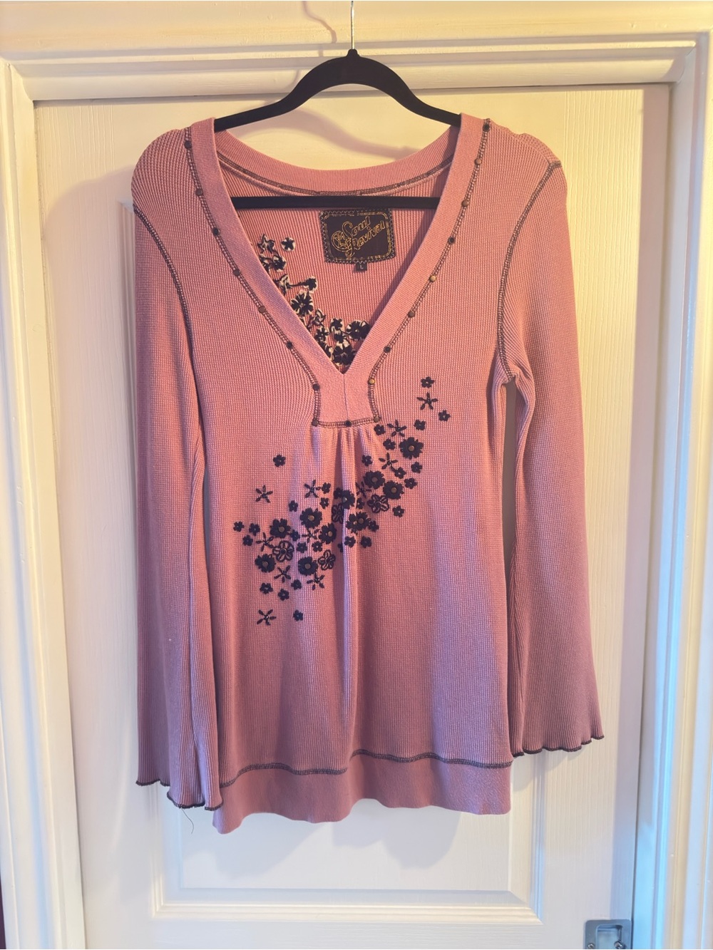 Soul Revival Pink Long Sleeve V-Neck Top with Black Floral Appliqué